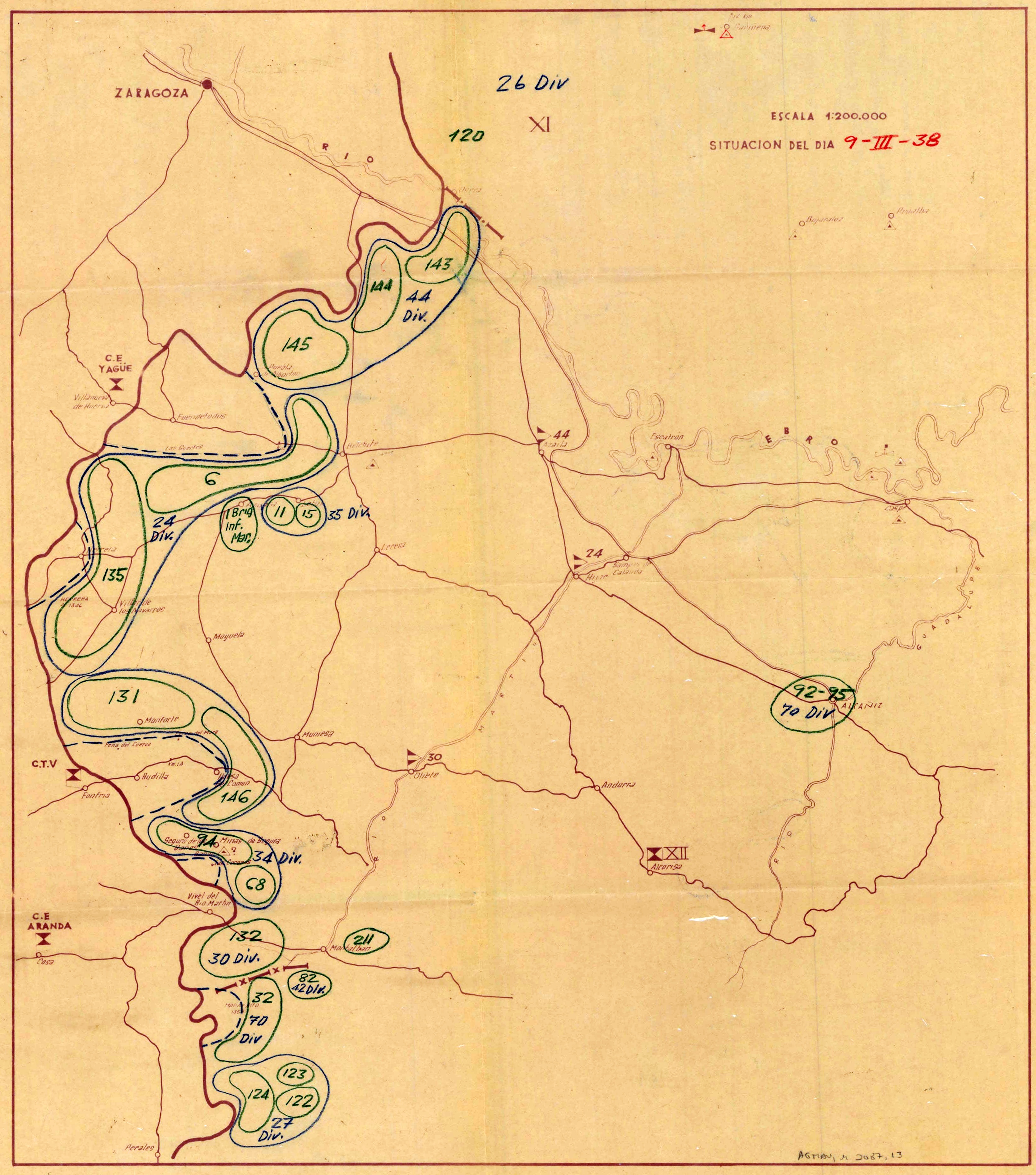 Mapa sobre la composición de fuerzas republicanas al sur del Ebro y en las Cuencas Mineras a principios de marzo de 1938