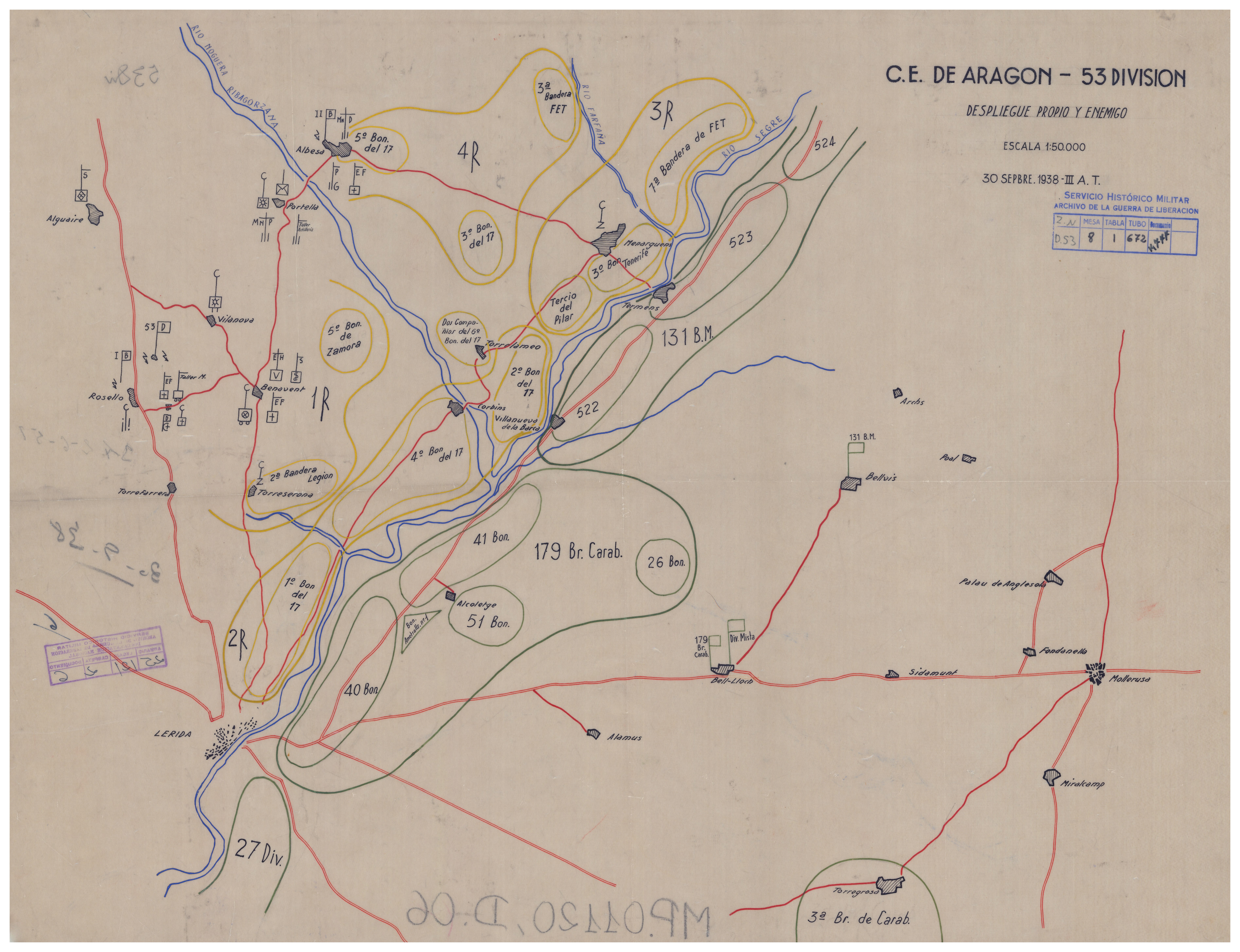 Línea del frente y situación de fuerzas republicanas en el sector de Sidamon en 1938