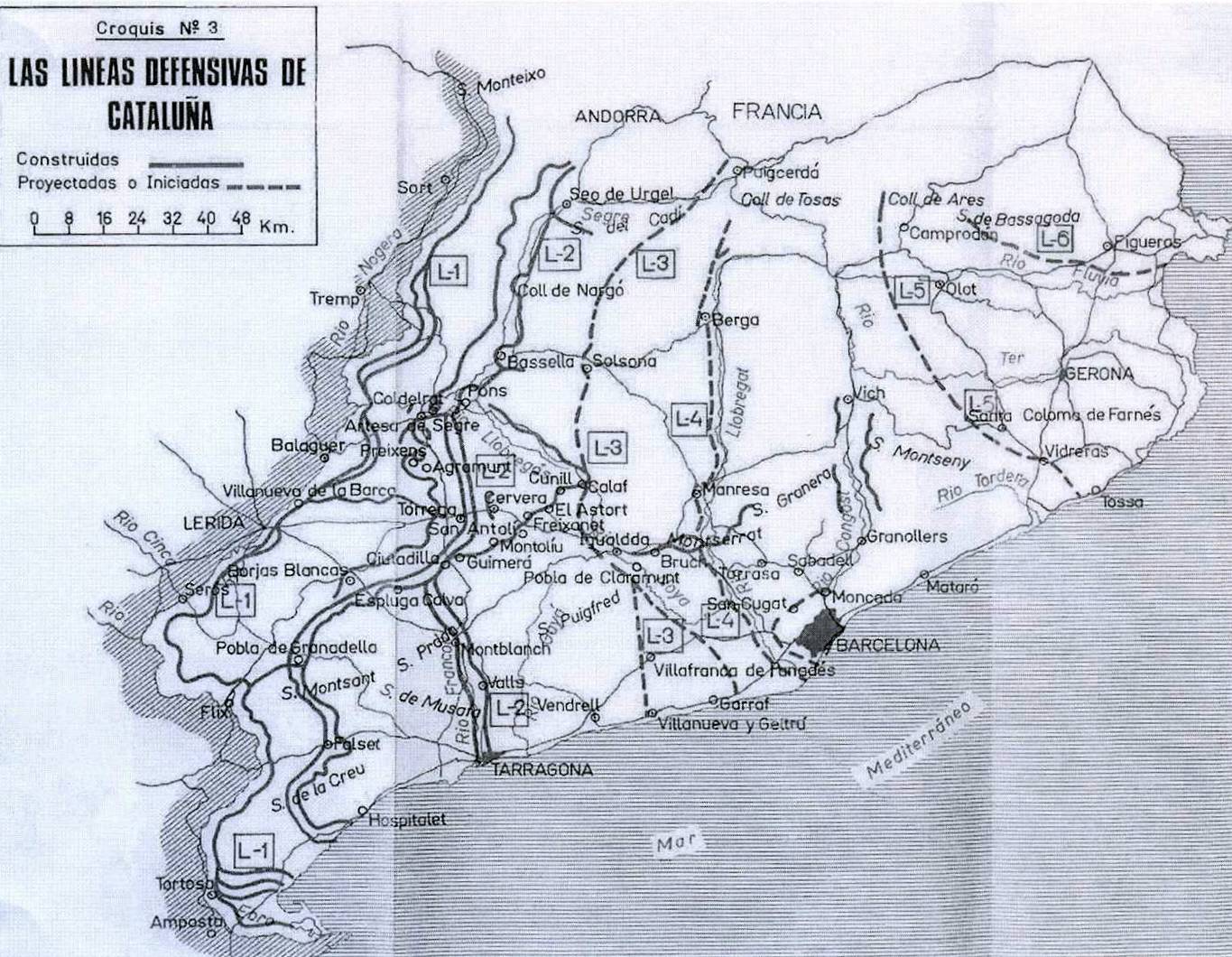 Mapa de Cataluña donde constan las líneas defensivas de Cataluña