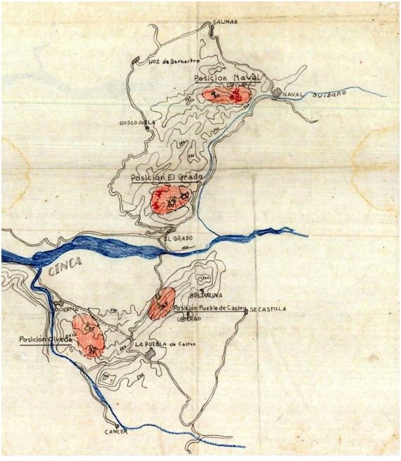 Mapa de las fortificaciones de la Línea del Cinca en el sector de El Grado