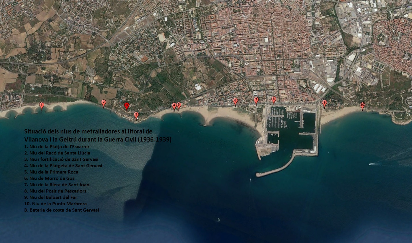 Situació dels nius de metralladores del litoral de Vilanova i la Geltrú